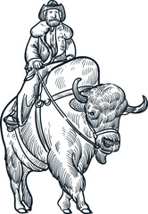 Fototapeta na wymiar Vintage hand drawn sketch of old cowboy ride a bison