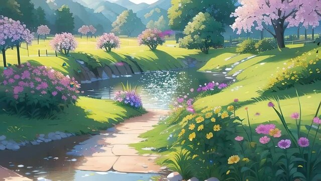 colorful flower garden with flying butterflies infinite looping animation. draw painting style. 4k footage