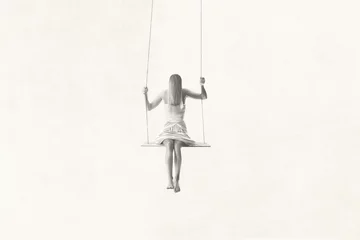 Foto op Canvas Illustration of woman swinging on the swing, minimal black and white abstract concept © fran_kie