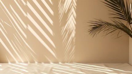 Empty beige room interior with palm leaves plant. Modern 3d living room, office or gallery with shadows and sunlight from the window on the wall, realistic illustration. Minimal scene. Generation AI