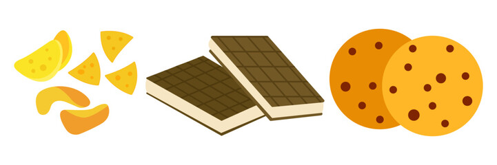 Vending machine product items set. Vector flat illustration. Food and drinks design elements white background. Fast food snacks and drinks flat icons. Snack pack set vector design