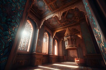 arabic architecture by sahebjabbar ali, in the style of illusory wallpaper portraits, 32k uhd, sculptural aesthetics, intricate ceiling designs, soft focus lens, colorful woodcarvings , generative AI