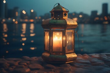 Photo a lantern with the moon in the background , generative AI