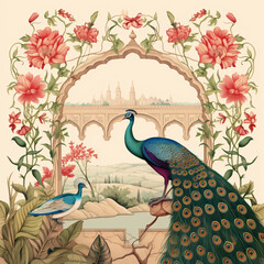 Traditional Mughal garden, arch, peacock, plant and bird illustration