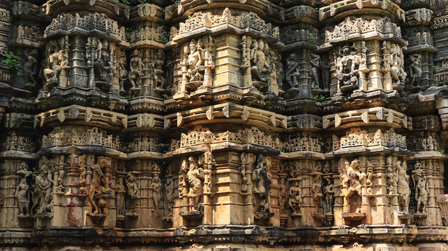The Beautiful Ancient Carvings on the Temple of Polo Forest, Carvings of Hindu God and Goddess. Ancient Temples of Gujarat, India. 
