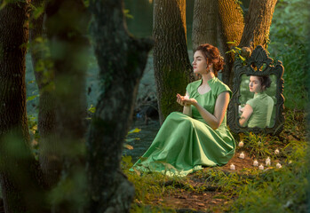 girl is sitting in the forest in  is an old mirror in which the reflection looks