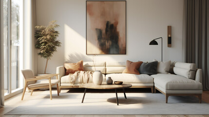 Stylish Living Room Interior with an Abstract Frame Poster, Modern Interior Design, 3D Render, 3D Illustration