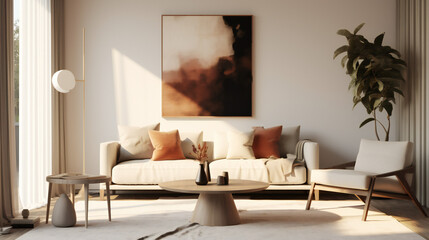Stylish Living Room Interior with an Abstract Frame Poster, Modern Interior Design, 3D Render, 3D Illustration