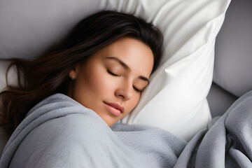 beautiful woman with dark long hair sleeping in a comfy bed. (AI-generated fictional illustration)

