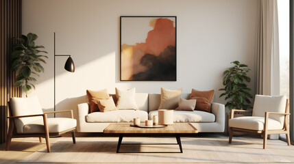 Stylish Living Room Interior with an Abstract Frame Poster, Modern Interior Design, 3D Render, 3D Illustration