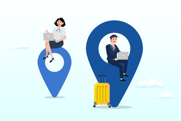 Young adult man and woman working on map location pin using computer laptop, digital nomad, freedom to work anywhere by using computer with internet, work and travel freelancer, remote job (Vector)