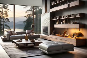 Interior in modern style in brown and gray with a beautiful  with mountain view outside the window. Generative AI