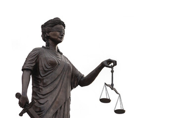 Justice statue holding scales and sword on white background