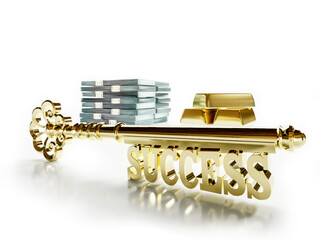 Golden Success key with pile of money and gold bars