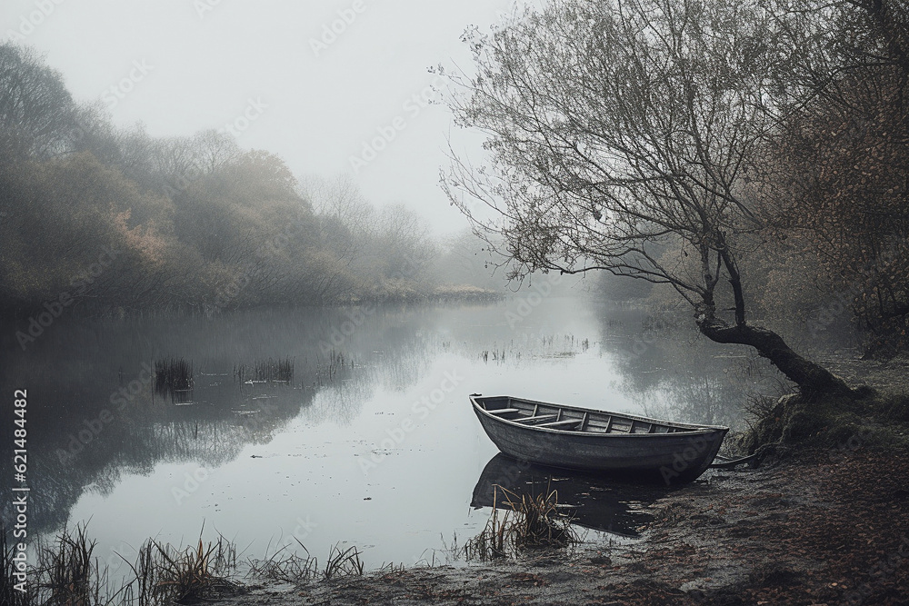 Wall mural Ai generative. Morning on the river. Boat on the pier.