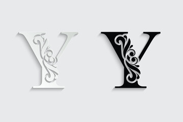 letter Y. Black flower alphabet. Beautiful capital letters with shadow	
