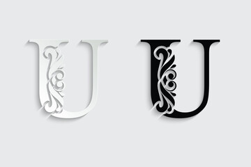 letter U. Black flower alphabet. Beautiful capital letters with shadow	
