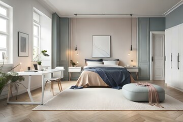 Room in light pastel colors, Scandi-Boho style. Generative AI