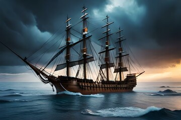 Plakat An old pirate ship in a storm. Generative AI