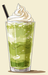 Frappe Matcha green tea latte with whipping cream in watercolor drawing style