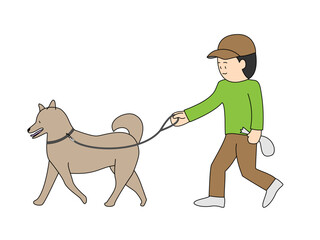柴犬を散歩する男性のイラスト