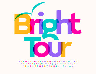 Vector promotional flyer Bright Tour. Modern colorful Font. Set of decorative Alphabet Letters, Numbers and Symbols