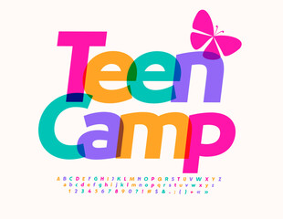 Vector colorful Flyer Teen Camp with bright Font. Creative set of Alphabet Letters and Numbers