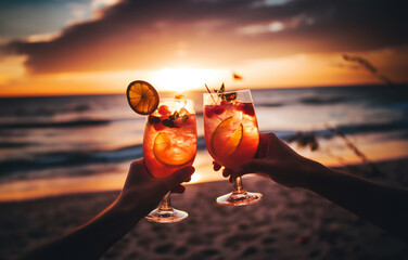 sunset in the beach &uuml;ith drink cocktails