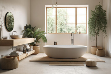 Obraz na płótnie Canvas Escape into the serenity of a luxurious bathroom with a spacious tub and an elegant sink. A peaceful retreat for relaxation and rejuvenation. AI Generative