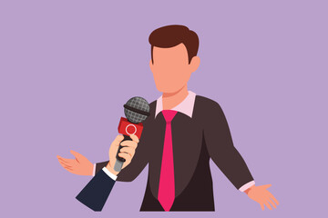 Naklejka premium Cartoon flat style drawing young businessman giving an interview in the presence of journalists with microphones. Man gives comments and opinions for breaking news. Graphic design vector illustration