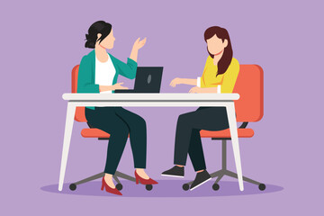 Cartoon flat style drawing TV show with pretty girl guest. Female celebrity giving interview to television presenter in studio, journalist asking famous woman host. Graphic design vector illustration