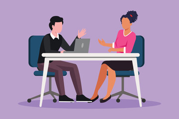 Cartoon flat style drawing interview program at studio. Live stream, tv show camera crew. Man journalist talking to guest. Broadcaster news at tv studio, vlogging. Graphic design vector illustration