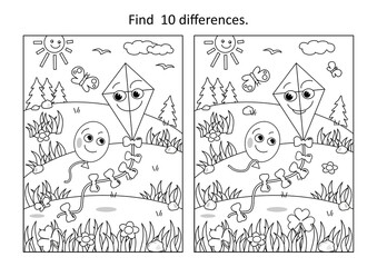 Difference game and coloring page activity with kite and balloon friends flying outdoor
