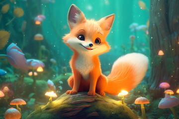 Cute small smilung fox sitting in magic forest in night. Lights mushrooms at background. Kids book, cartoon, fairy tale style. Generative AI