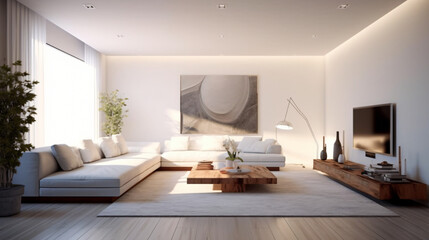 Naklejka na ściany i meble Modern living room - minimal and cleanGenerative AI