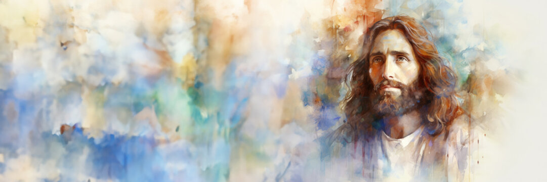 Portrait of Jesus Christ on abstract grunge background. Digital painting with copy space for text or image