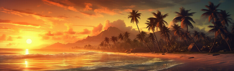 Obraz na płótnie Canvas Sunset on the Ocean Sand Beach with Palm Trees Landscape extreme closeup. Generative AI