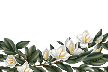 frame border of white flowers and green leaves isolated on white background