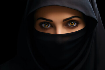 Naklejka premium Islamic portrait wearing black hijab looking at camera on dark background, Beautiful muslim lady, close-up portrait