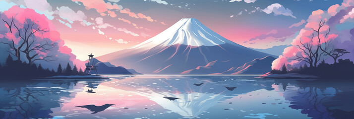 Travel to Japan Concept. Travel Poster with Japan Mount Fuji  extreme closeup. Generative AI