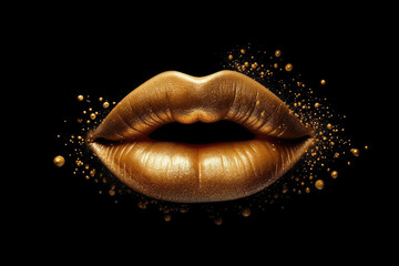 Gold Lips with Golden Splash on a black background. Generative AI