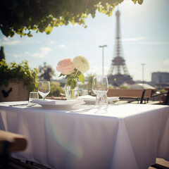 Outdoor dining table, against the backdrop of the Paris Tower, the rising sun