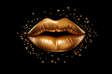 Gold Lips with Golden Splash on a black background. Generative AI