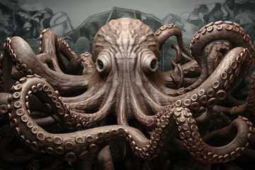 Octopus with Large Eyes Swimming Deep Ocean Water extreme closeup. Generative AI