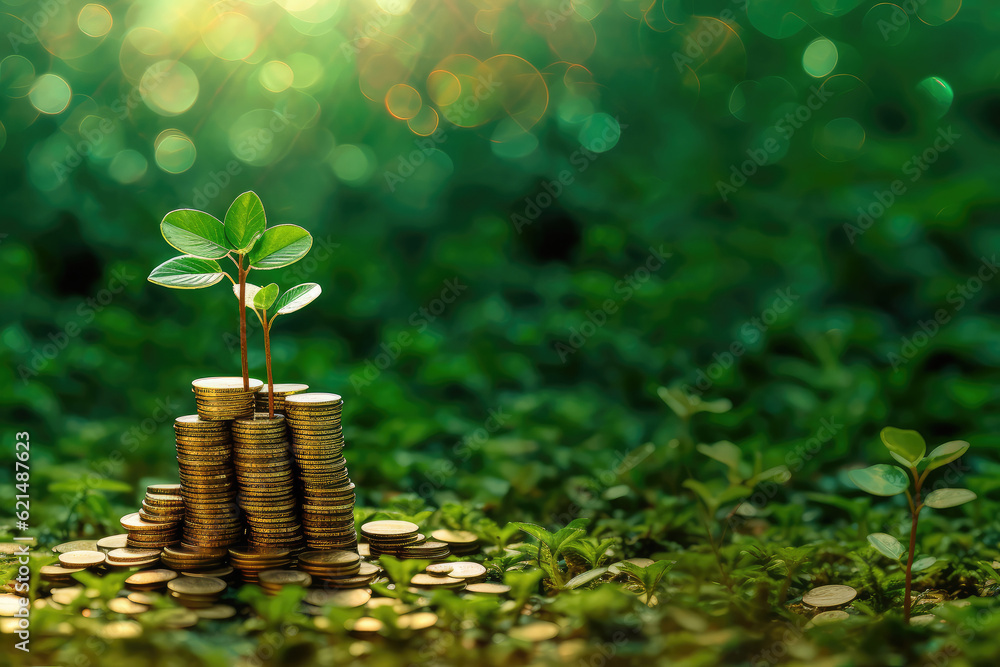 Poster Wealth Business Concept. New Tree Growing in a Stacks of Coins extreme closeup. Generative AI