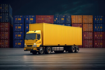 Yellow Container Truck Cargo Freight extreme closeup. Generative AI