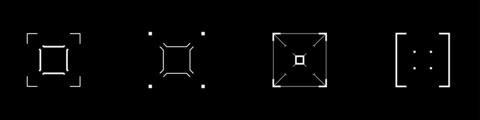 Cyberpunk style square aim set. Cyber targets, aims, sights, and crosshairs. A pack of GUI futuristic rectangle targets. A vector collection of cyberpunk design elements.