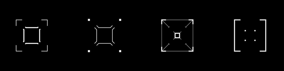 Cyberpunk style square aim set. Cyber targets, aims, sights, and crosshairs. A pack of GUI futuristic rectangle targets. A vector collection of cyberpunk design elements.