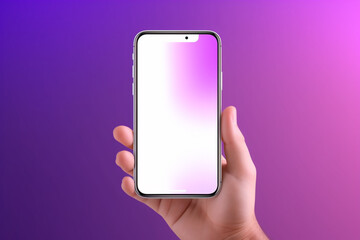3D Cartoon hand holding smartphone isolated on purple background, Hand using mobile phone mockup. 3d render illustration