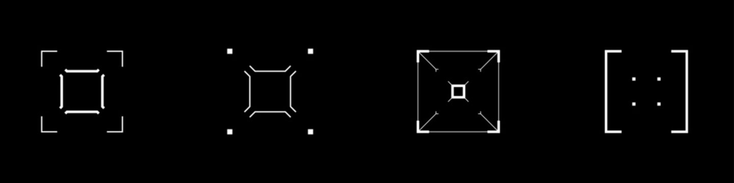 Cyberpunk style square aim set. Cyber targets, aims, sights, and crosshairs. A pack of GUI futuristic rectangle targets. A vector collection of cyberpunk design elements.